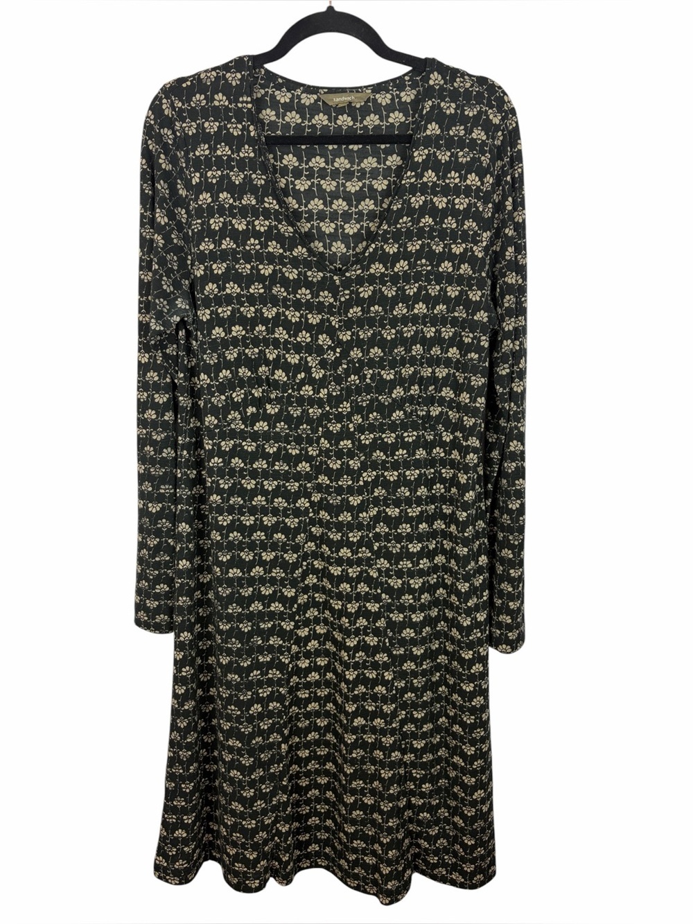 Sandwich Black Beige Floral Print V-Neck Swing Dress XL Lined Long Sleeve Dress